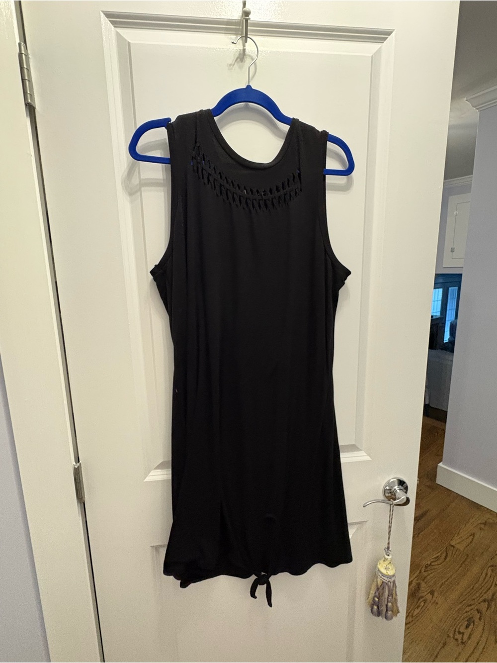 Women’s Black Sleeveless Tunic Dress with Knot Hem cut out neckline